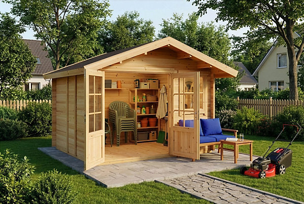 Abri de jardin Palermo Alpholz, 33x33m dim ext (cas échéant incl débord de toit) naturel, épaisseur paroi : 28mm, 11m² totale