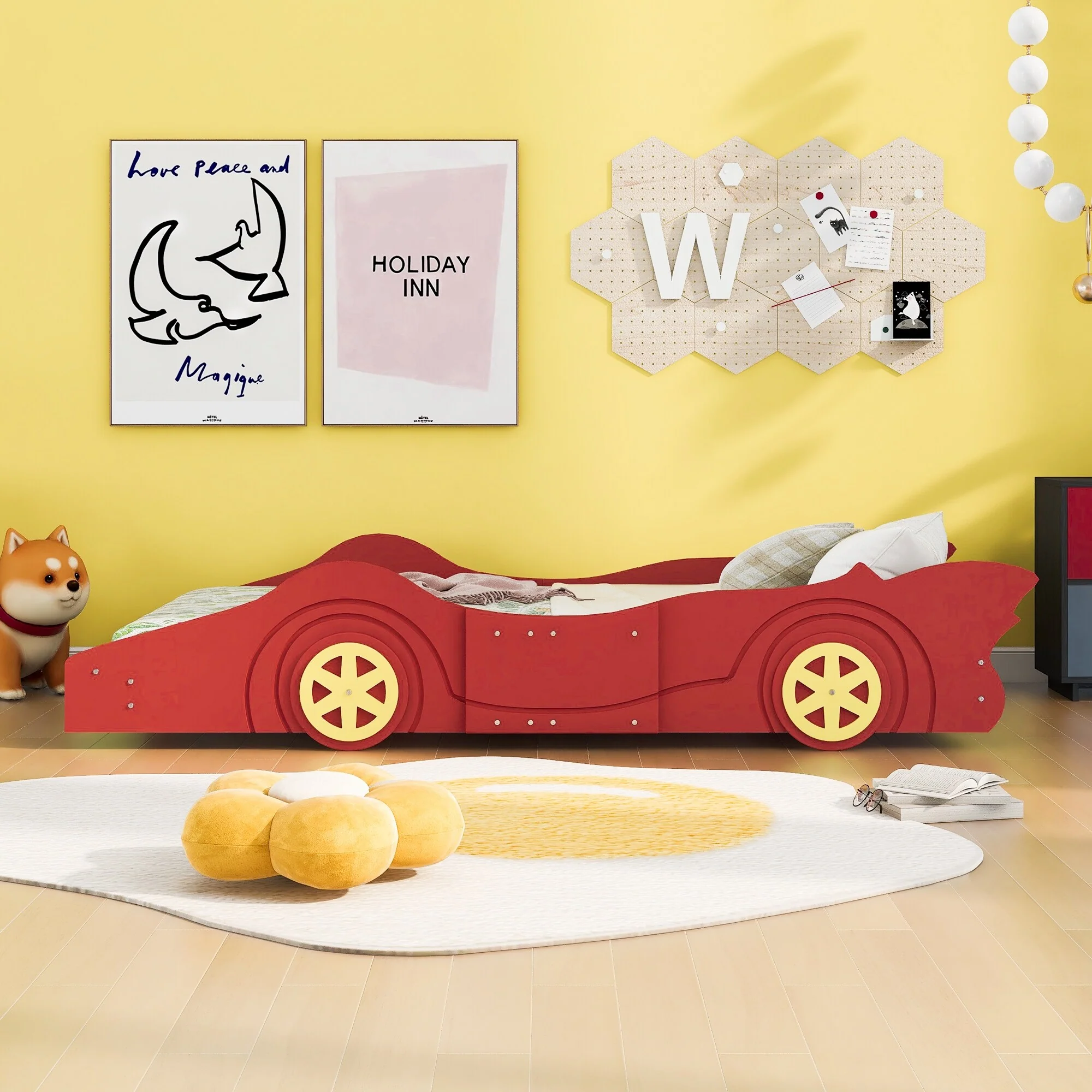 Twin Race Car-Shaped Platform Bed, Sturdy Construction with Safety Rails