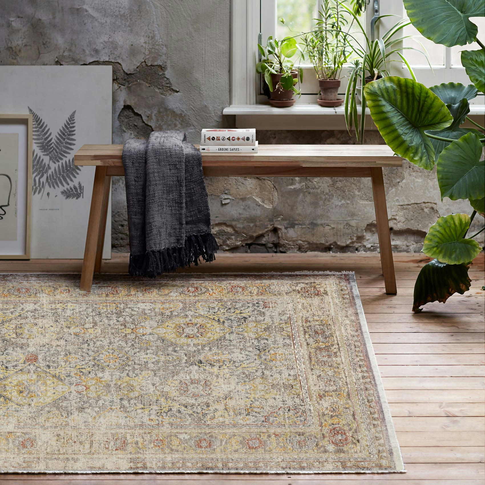 SOHO - Tapis vintage bohème à poils ras et franges gris jaune 290x240