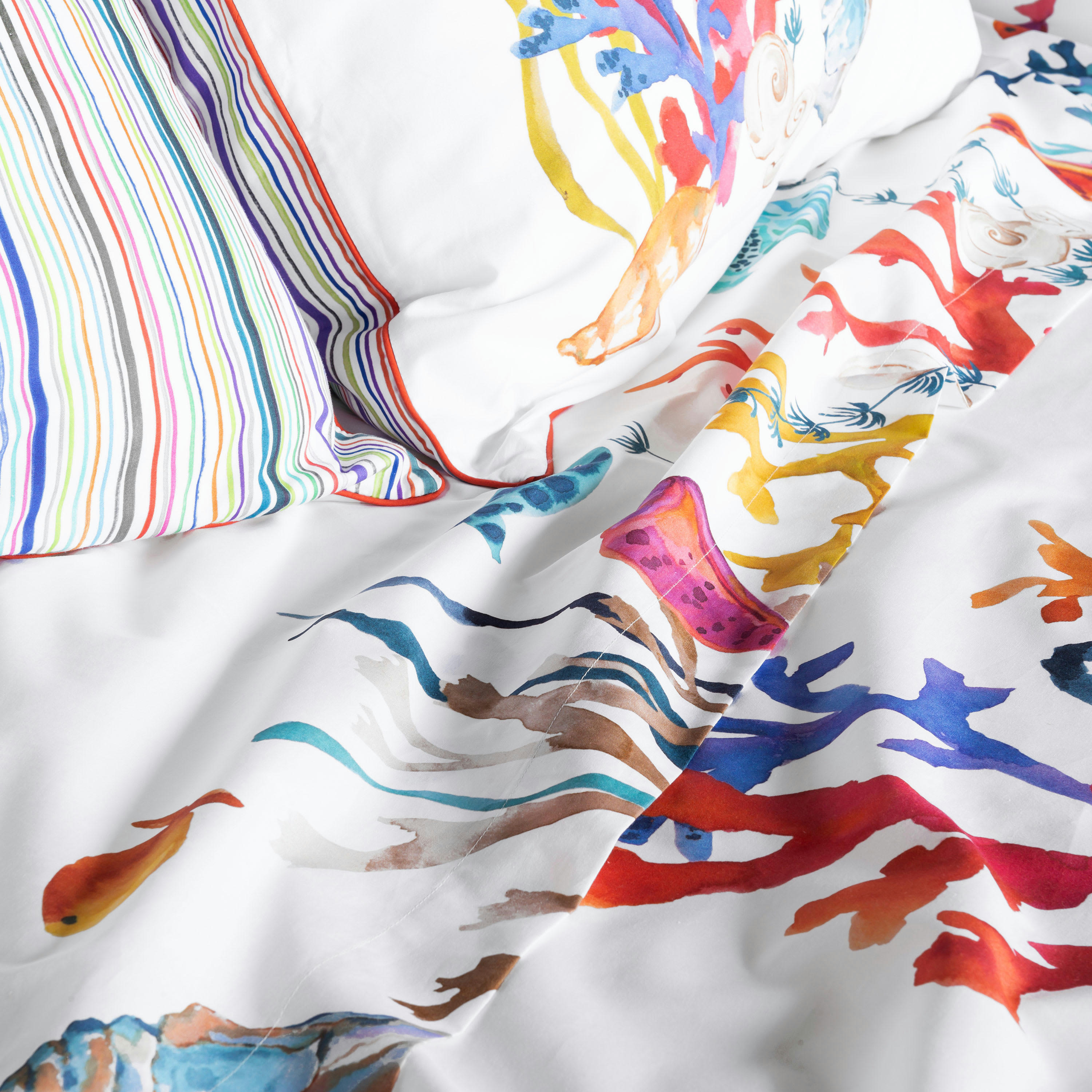 RECIF - Drap de lit percale de coton imprimé blanc 180 x 290 cm