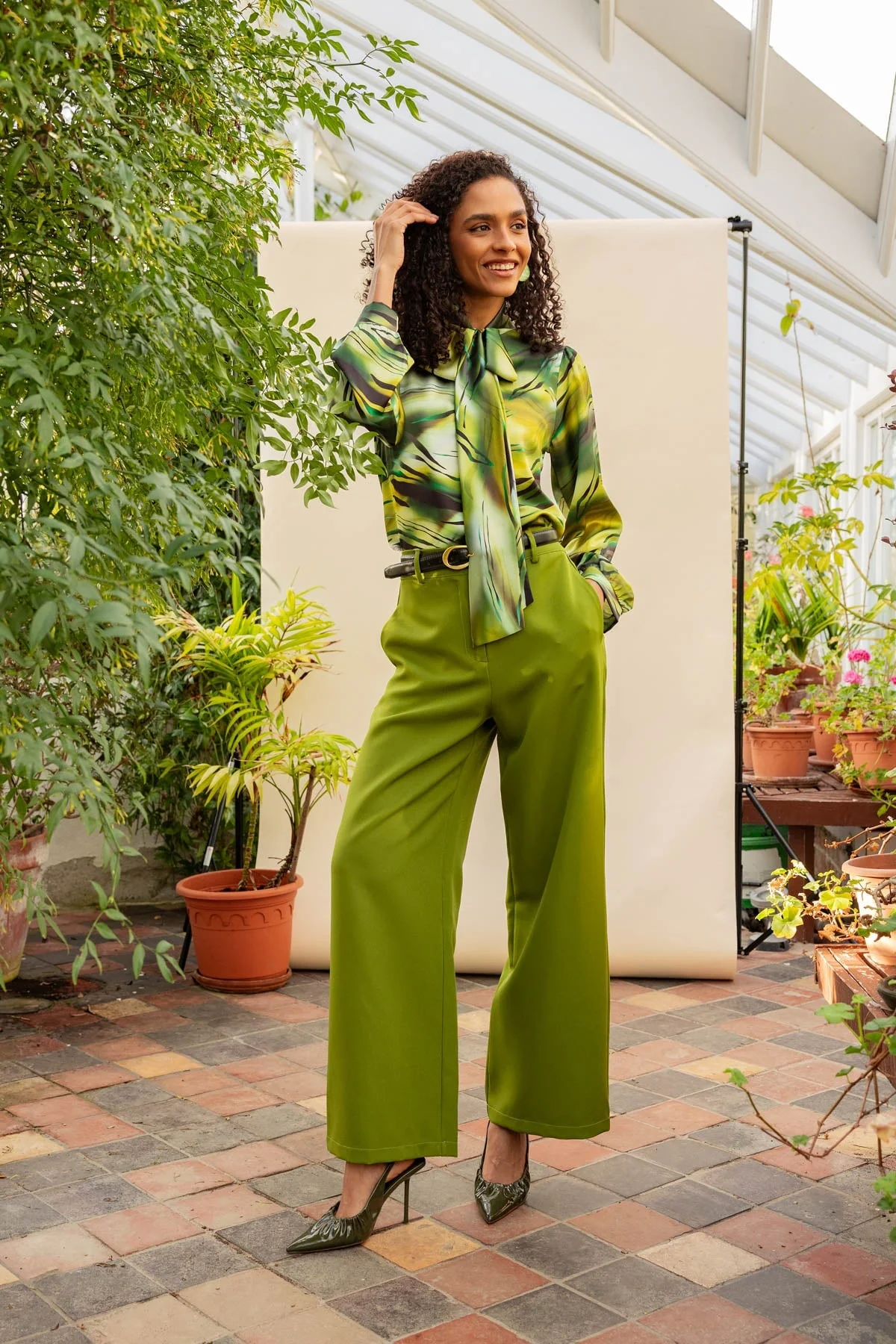 Green Tailored Wide Leg Trousers