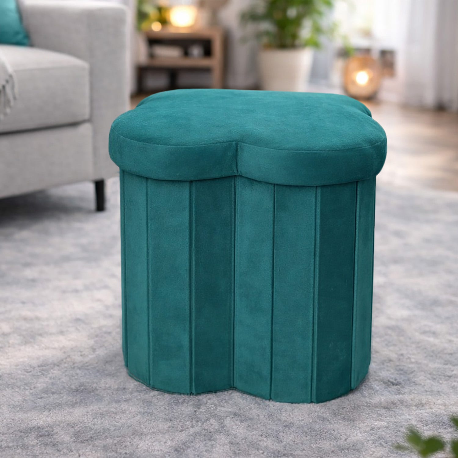 Pouf pieghevole fiore ottanio velluto 40 cm