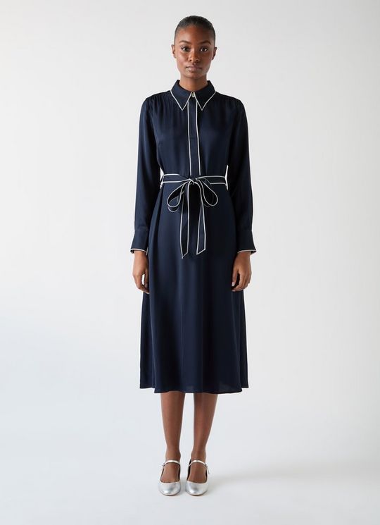 Elise Treetop Navy Viscose Edge Stitch Detail Shirt Dress