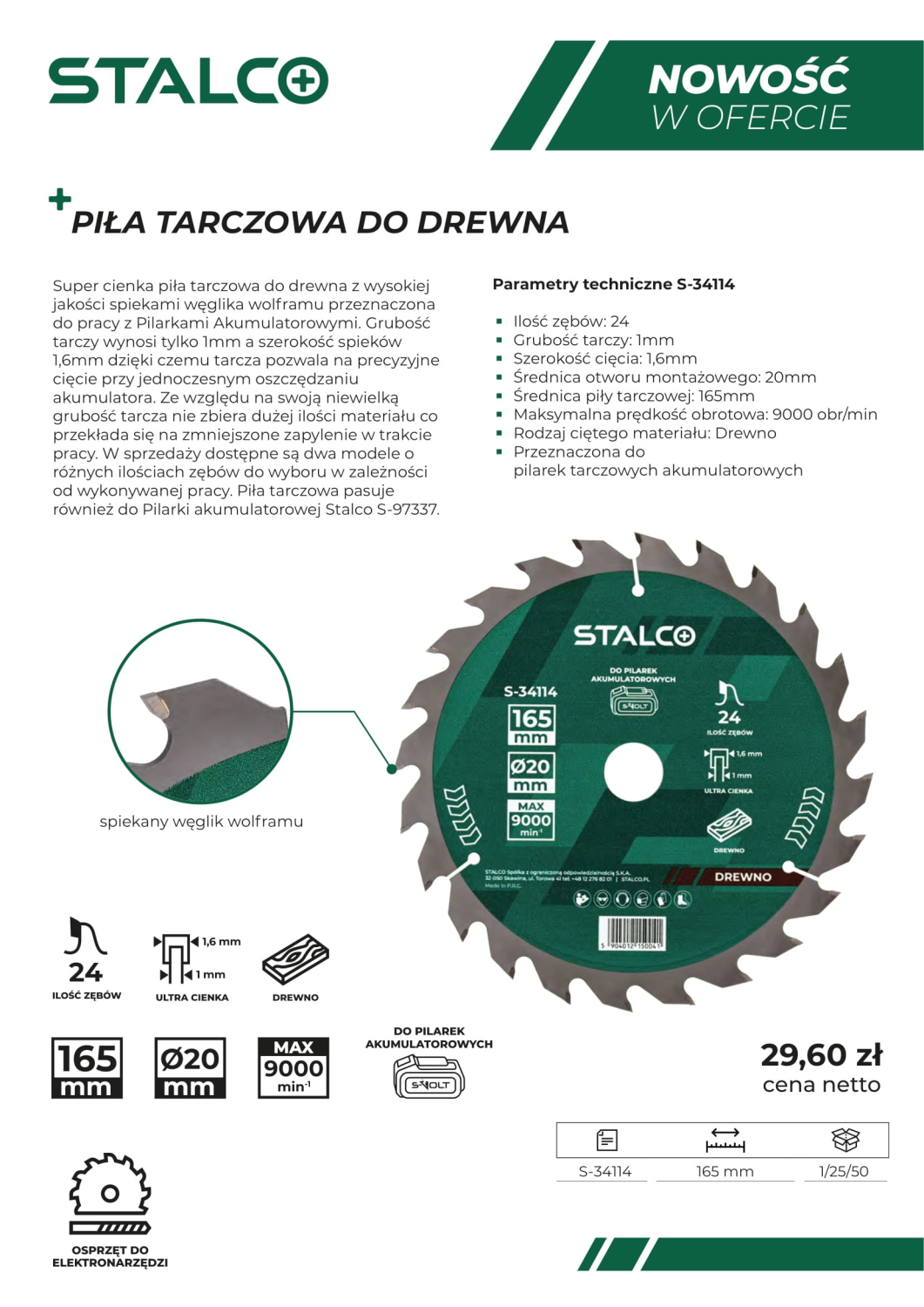 Piła tarczowa do drewna ø130x20x2,2mm , 16 z , red.ø16 mm , max 11700rpm STALCO S-34113