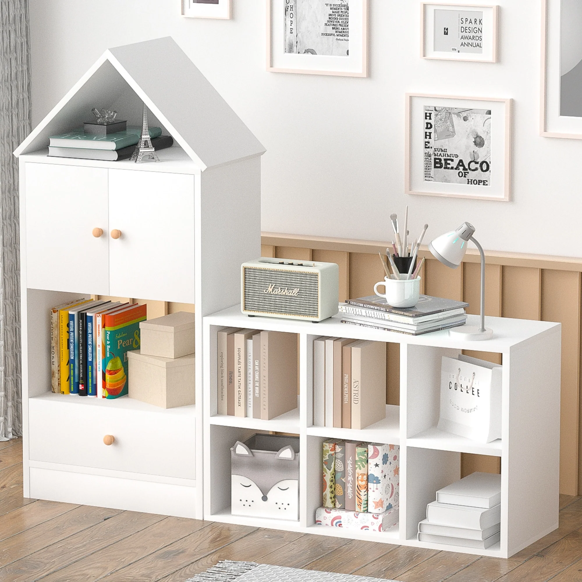 Versatile Children's Bookshelf with House-Shaped Design, Multi-Functional Storage for Books and Toys, Adjustable Placement,