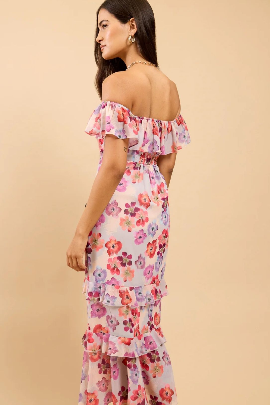 Little Mistress Floral Print Ruffle Bardot Midaxi Dress