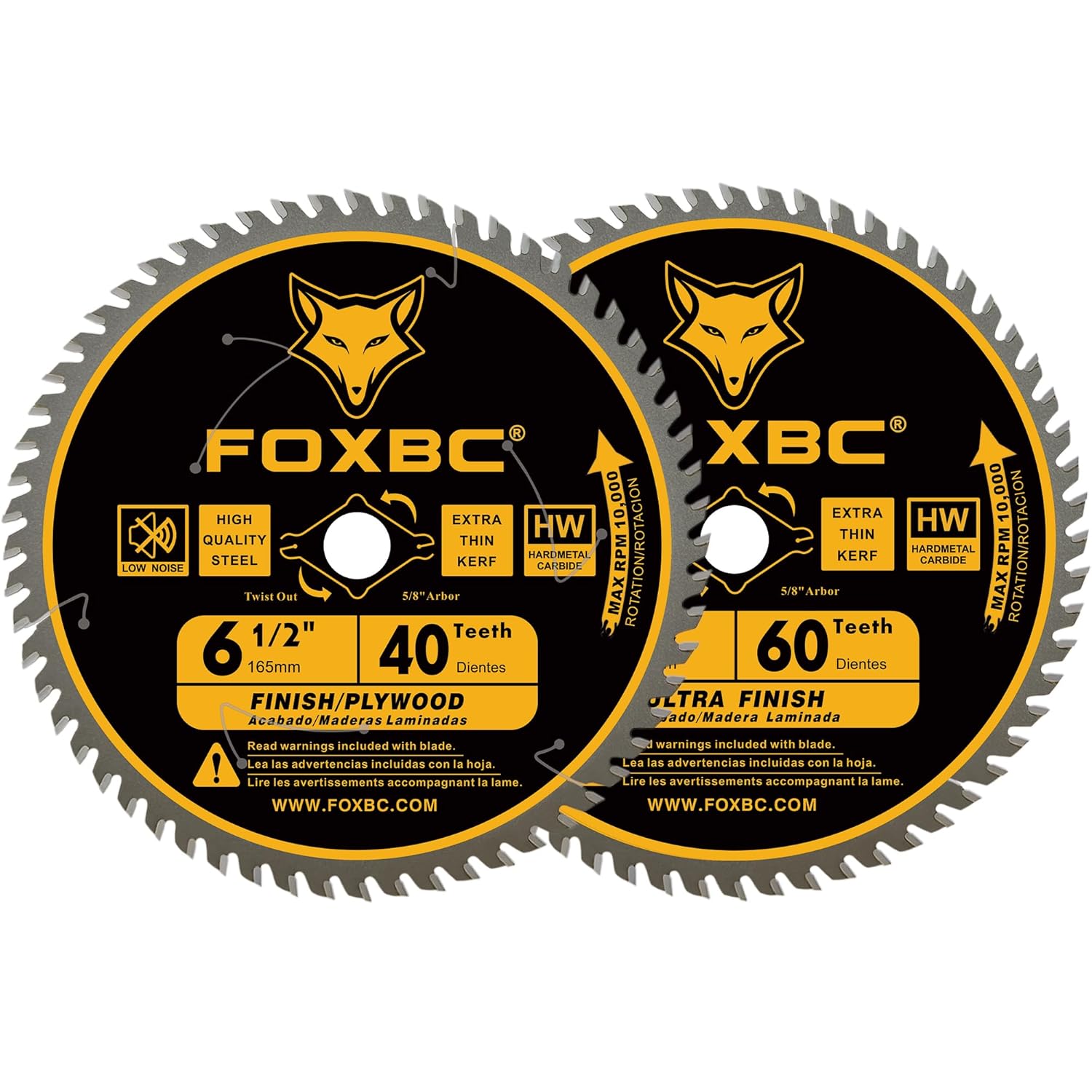 FOXBC 6-1/2 inch Circular Saw Blade 40T 60T Combo Pack, Ultra Fine Finish for Wood Cutting, Thin-Kerf with 5/8 Arbor