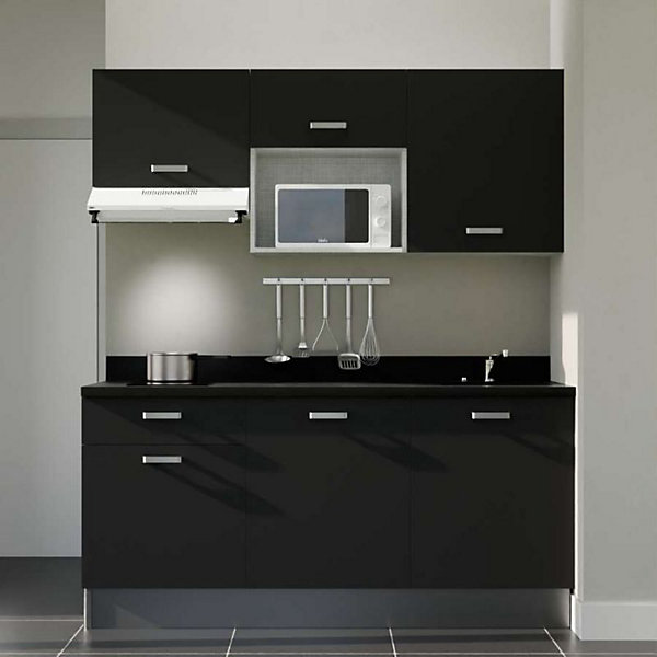 Kitchenette K30 - 180 cm - façades Noir - Plan monobloc en quartz coloris Nero évier à droite