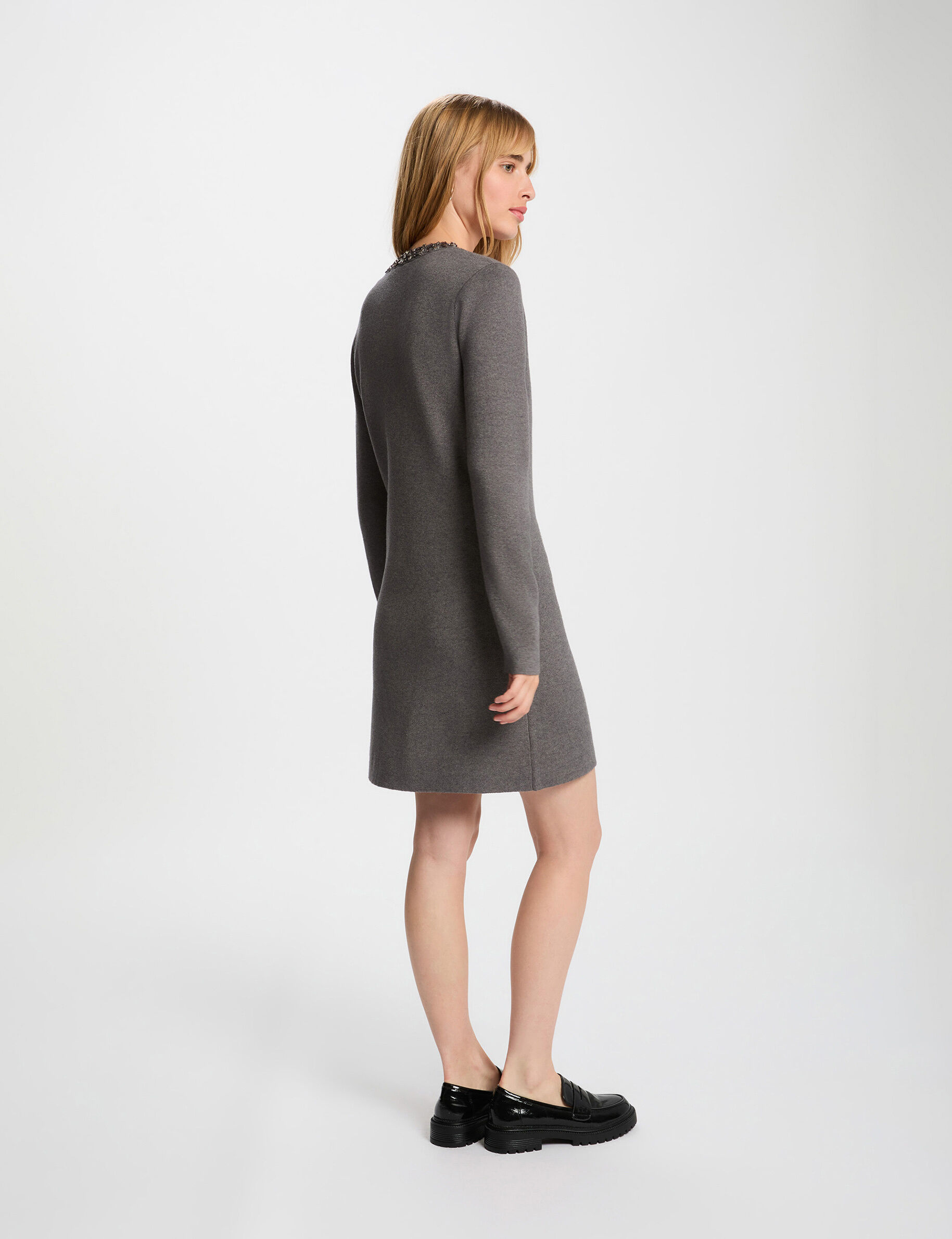 Knitted Dress With Round Neck Dark Grey Women