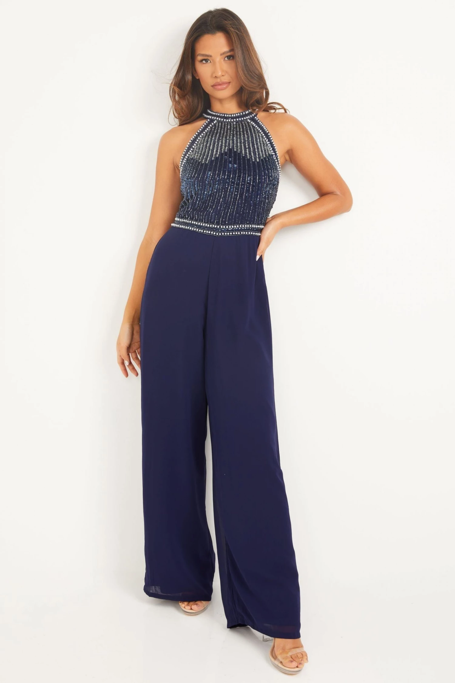 Quiz Blue Embellished Chiffon Long Jumpsuit