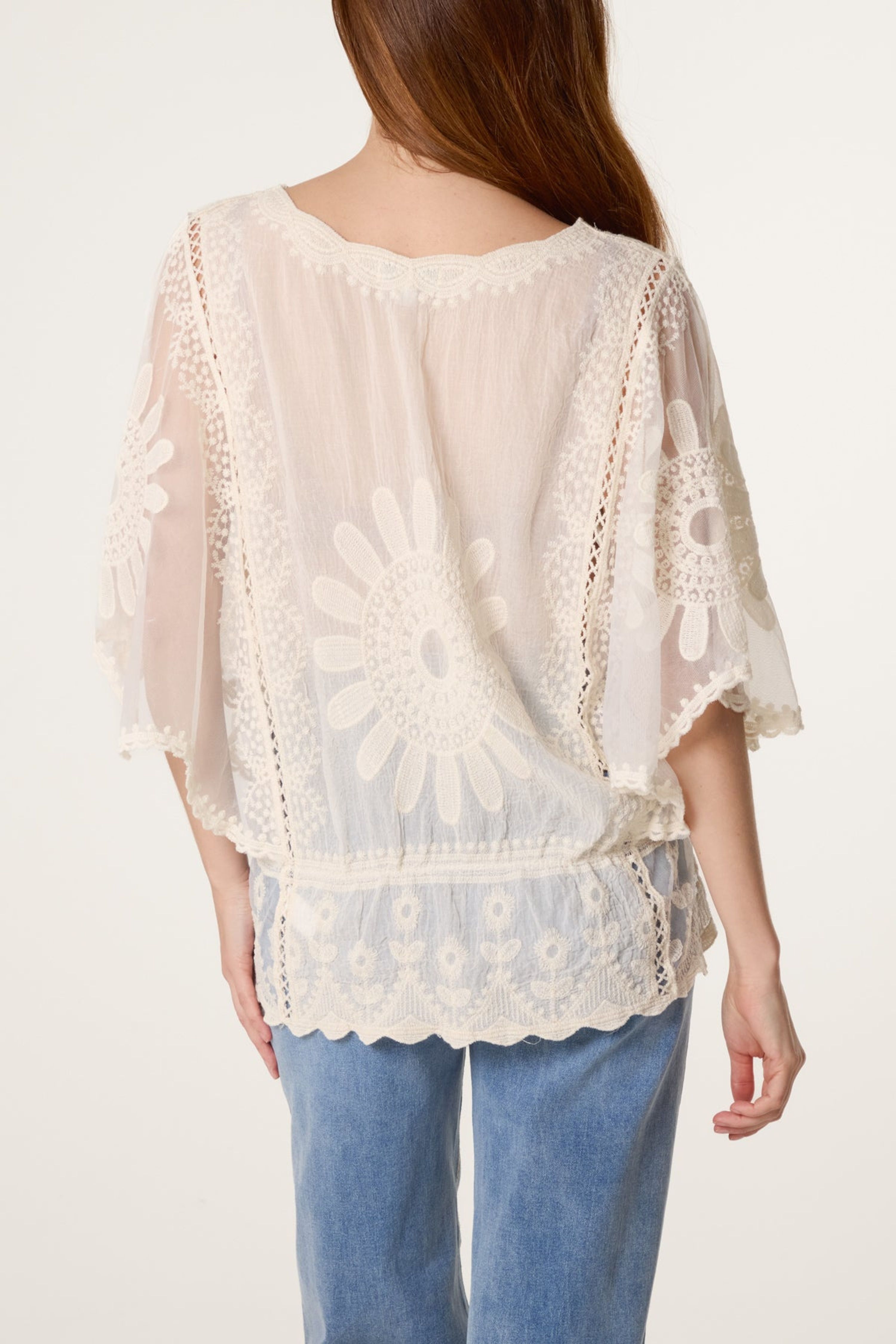 Blue Vanilla Stone Sun Flower Lace Sleeve Blouse