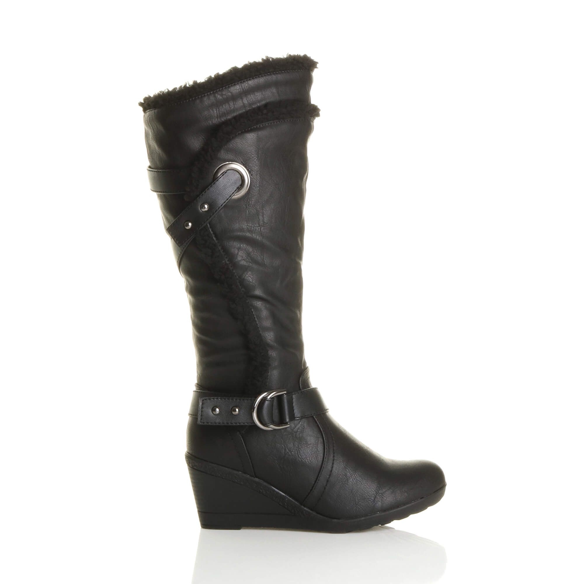 AJVANI Mid Wedge Heel Faux Fur Trim Biker Calf Boots