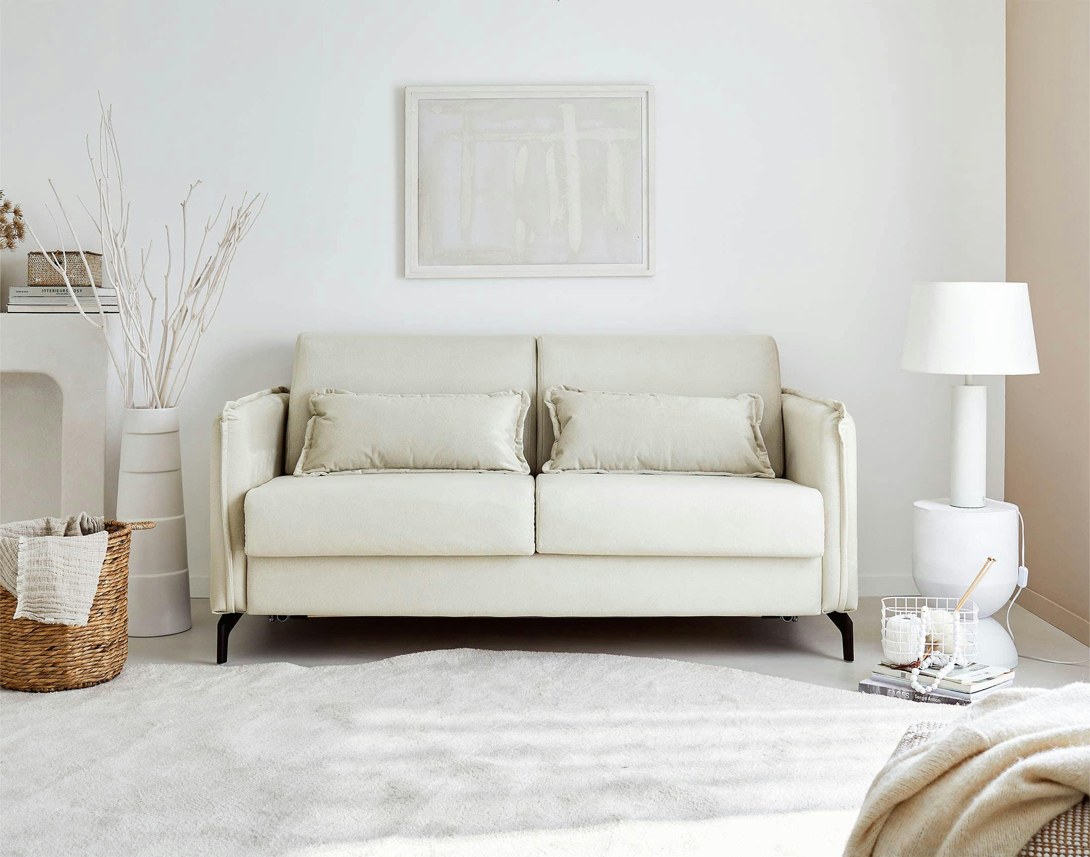 AGATE - Canapé droit convertible 3 places en velours beige