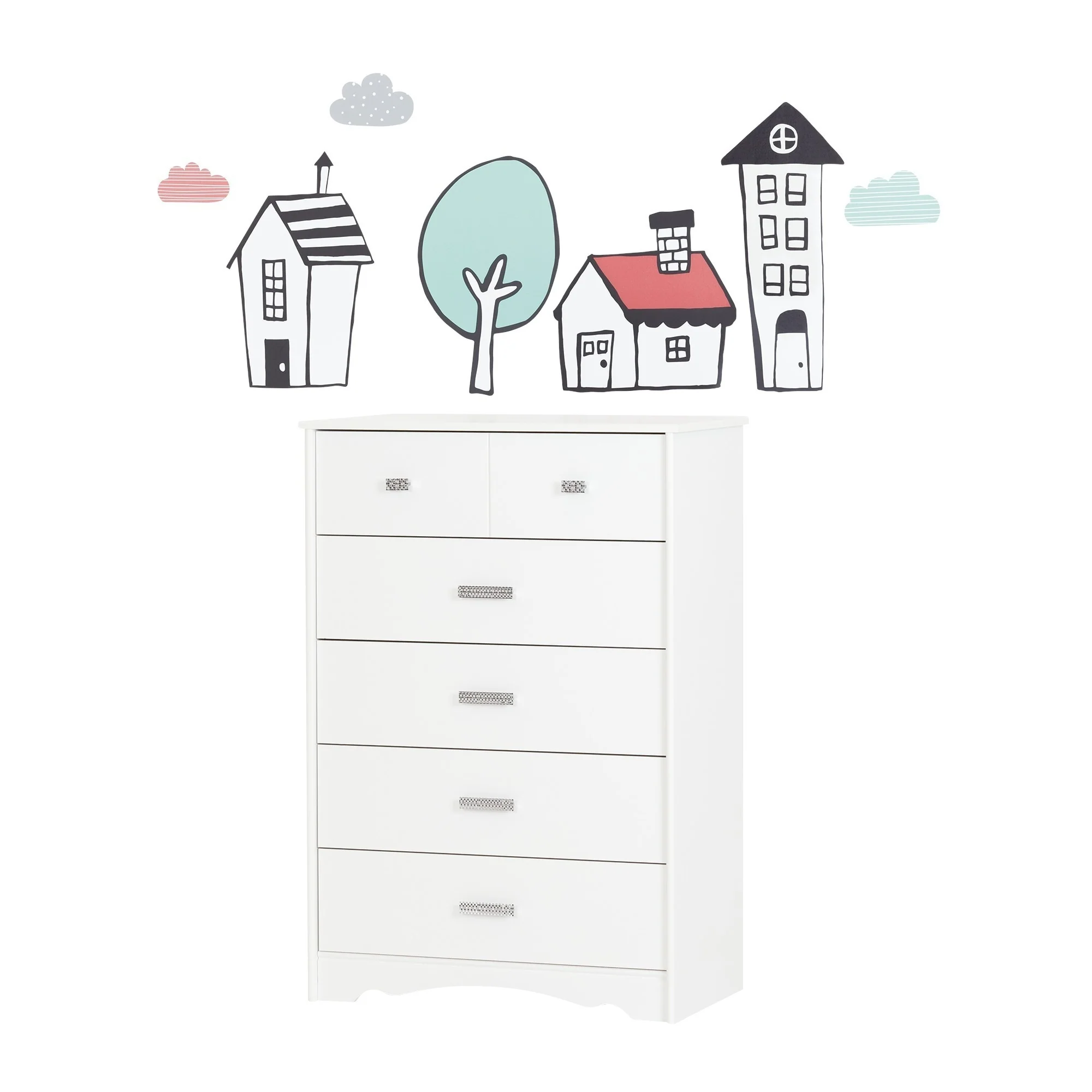 South Shore Tiara Pure White 5-drawer Chest with Night Garden House in the Hood Wall Decals