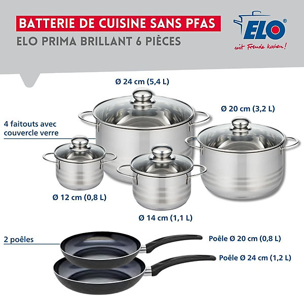 Ensemble de 2 Poêles de cuisson 20 et 24 cm et 4 faitouts 12, 14, 20 et 24 cm Elo Prima Brillant