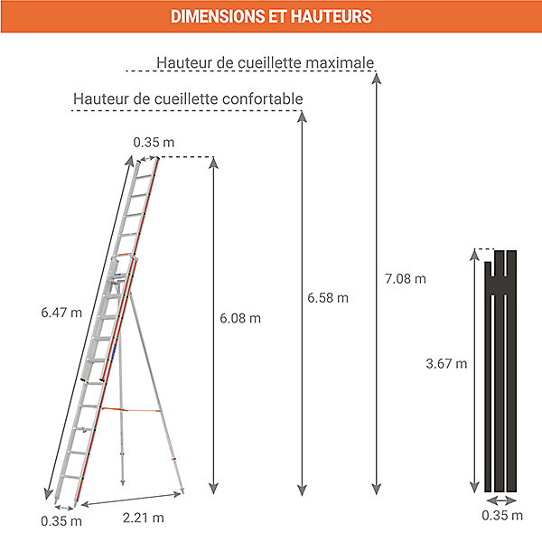 Echelle fruitière 24 barreaux - Hauteur de cueillette maximale 7.08m - 3050/2X12