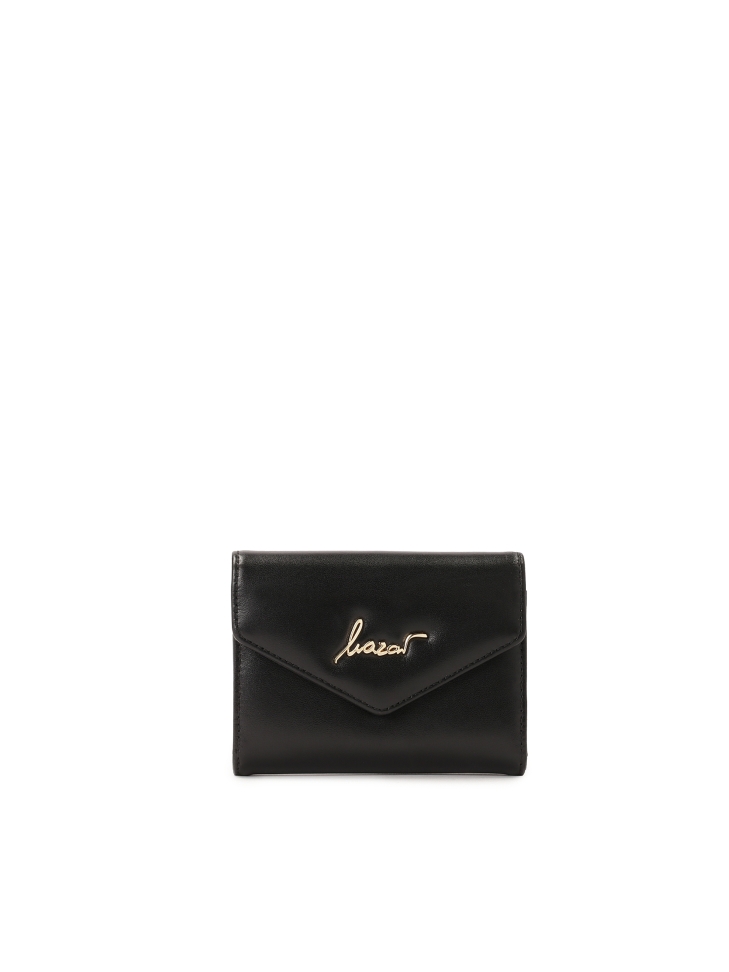 Compact leather wallet with snap closure flap