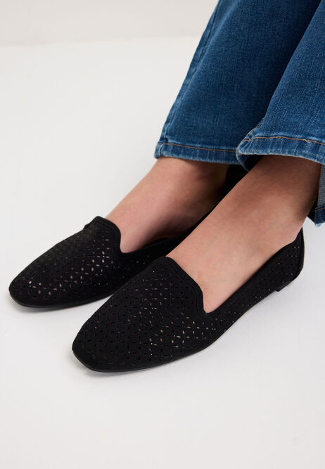 Womens Black Diamante Laser Cut Loafers