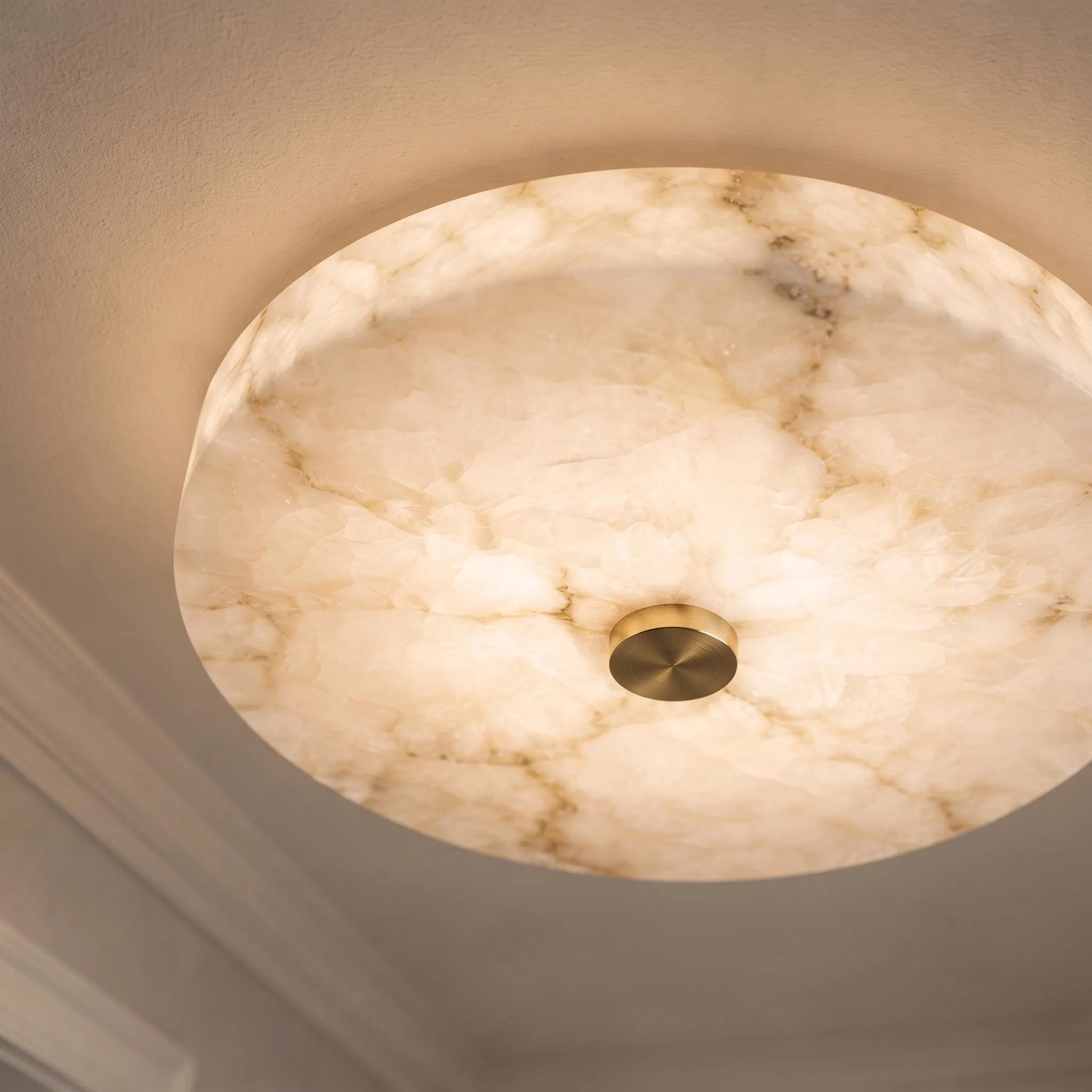 Modern Alabaster Flush Mount Ceiling Light | Round Brass Ceiling Fixture | Luxury Stone Ceiling Lamp | 12