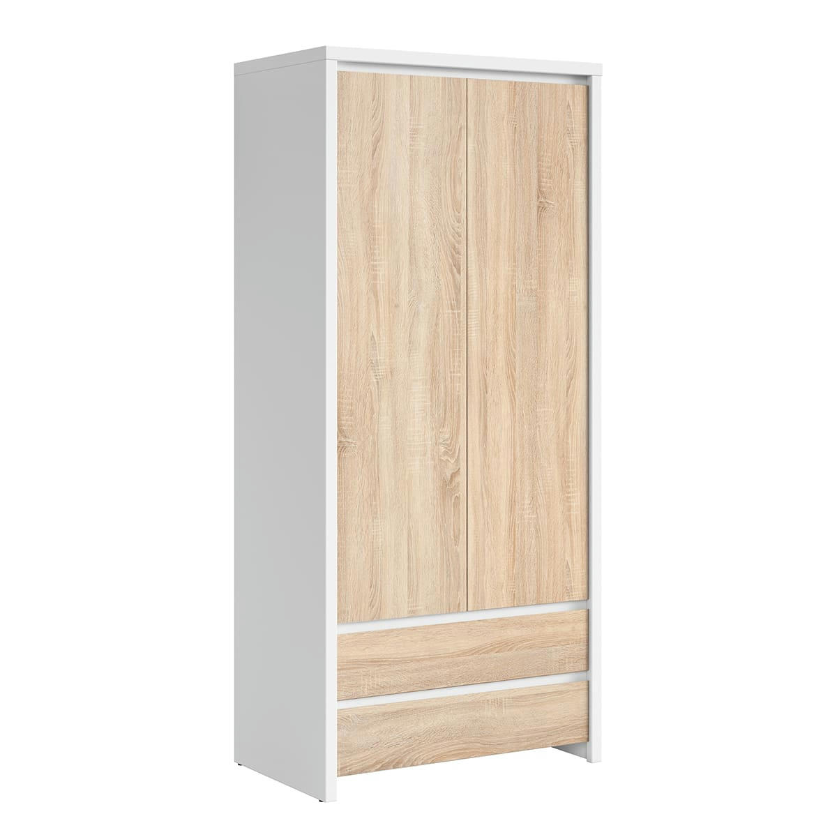 - Armoire 2 portes 2 tiroirs panneaux agglomérés naturel et blanc