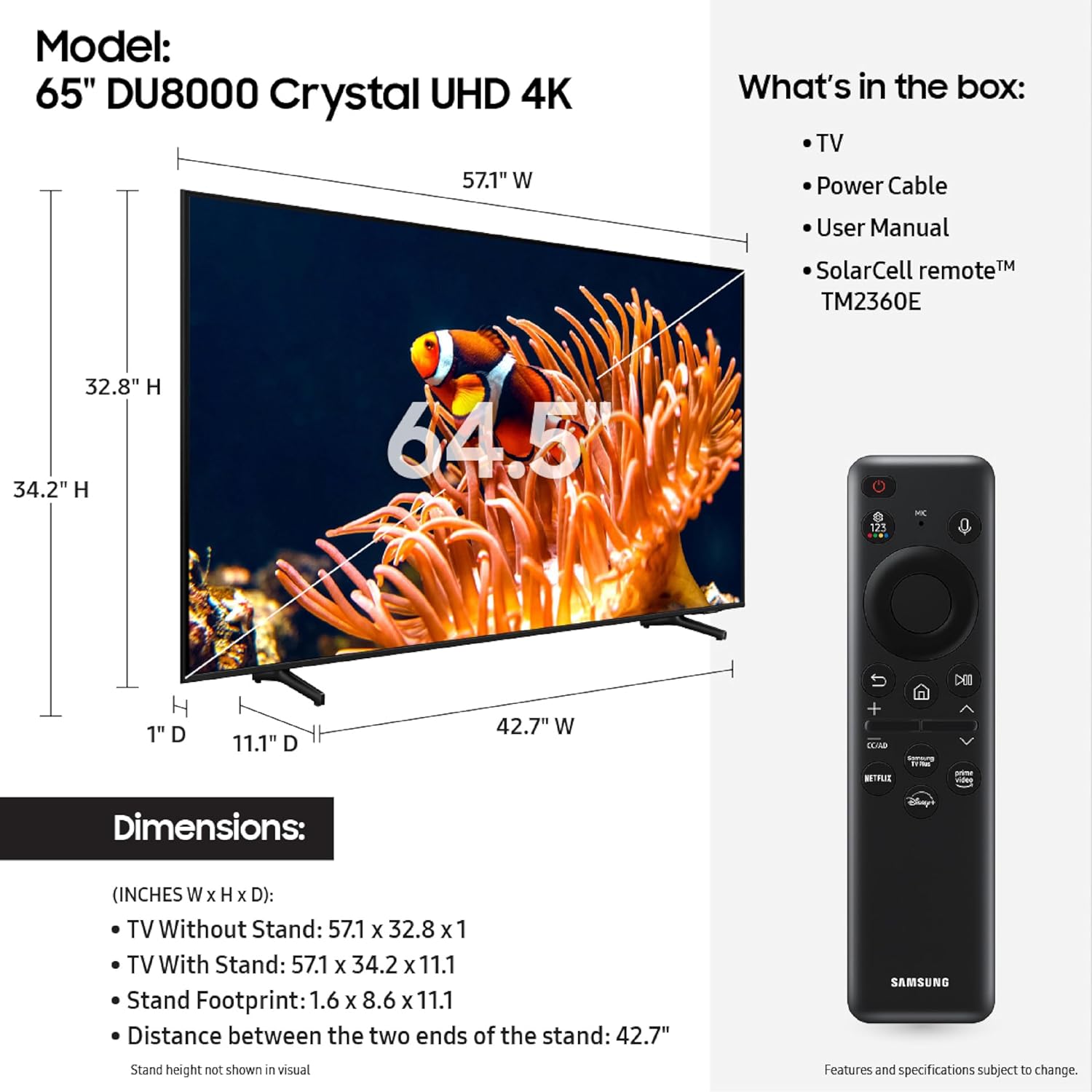 Samsung 65-Inch Class 4K Crystal UHD DU8000 Series HDR Smart TV w/Object Tracking Sound Lite  Motion Xcelerator  Ultra Slim Design  Gaming Hub  Alexa Built-in (UN65DU8000  2024 Model)