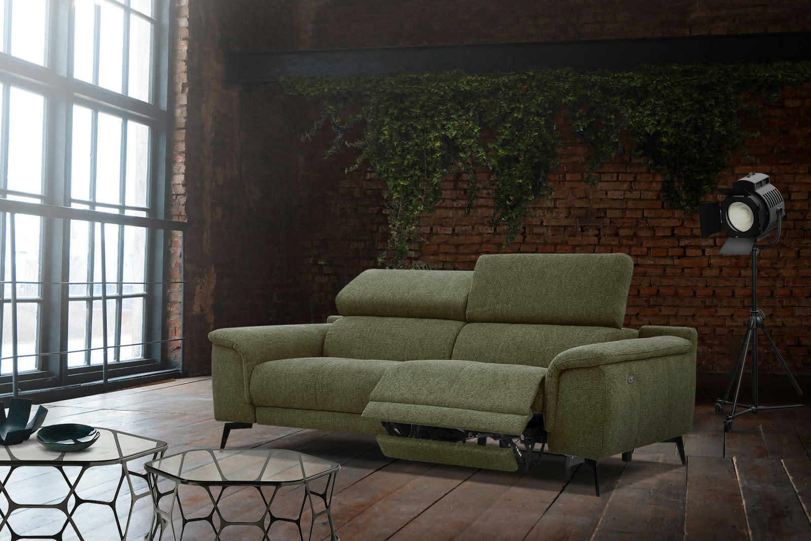 FIERO - Canapé droit 3 places XXL avec relax électrique côté droit tissu vert