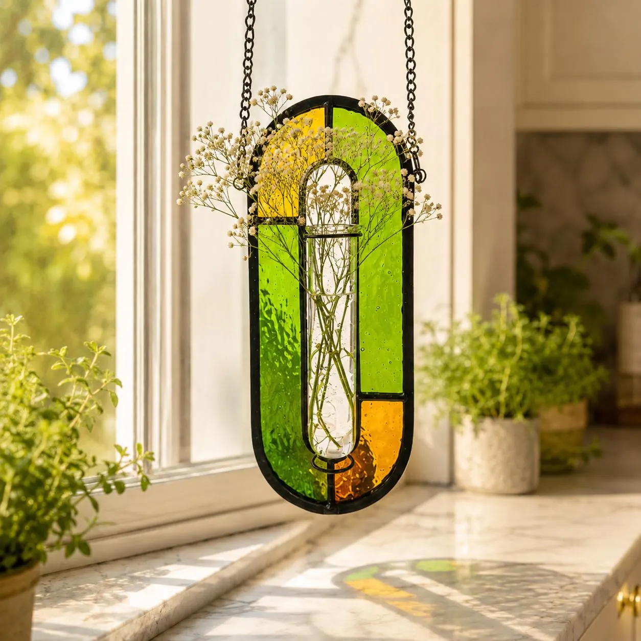Window Plant Propagation Decor, Stained Glass Hanging Flower Vase Suncatcher, Handmade Wall Planter Gift, Botanical Home Décor