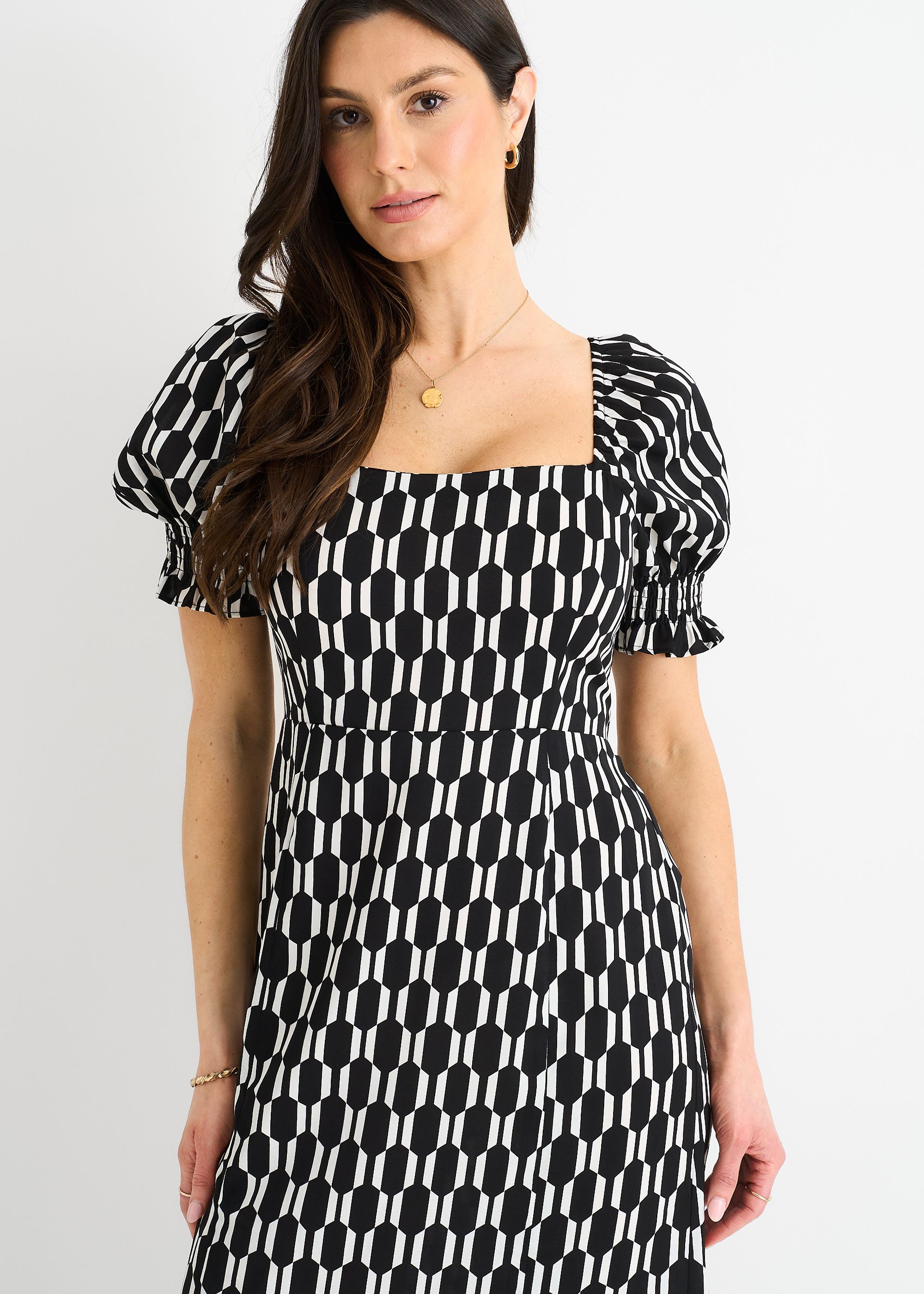 Gini London Black Geo Print Square Neck Midi Dress