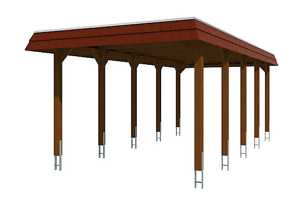 Carport SKAN HOLZ Spreewald 345x741cm, planches de toit et EPDM, bandeau rouge, bois résineux imprégné, traitement coloré noyer