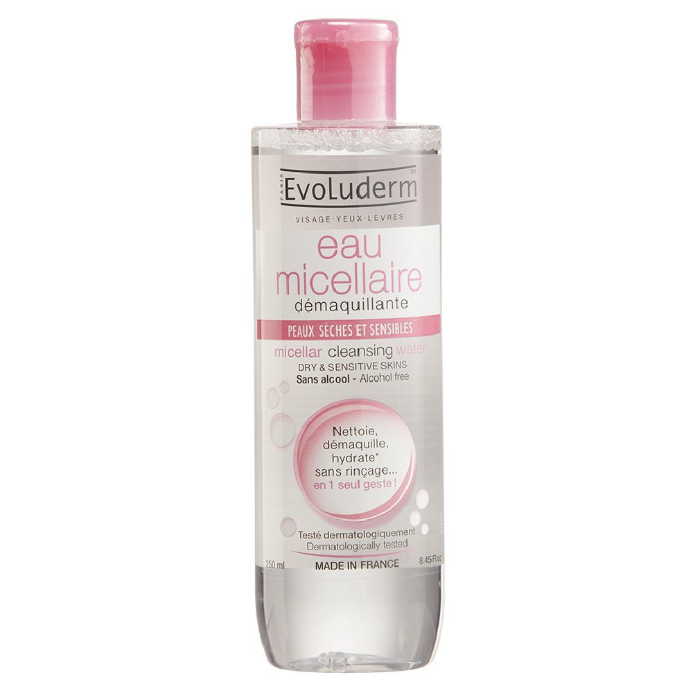 Eau micellaire Evoluderm démaquillante peaux sèches 250 ml