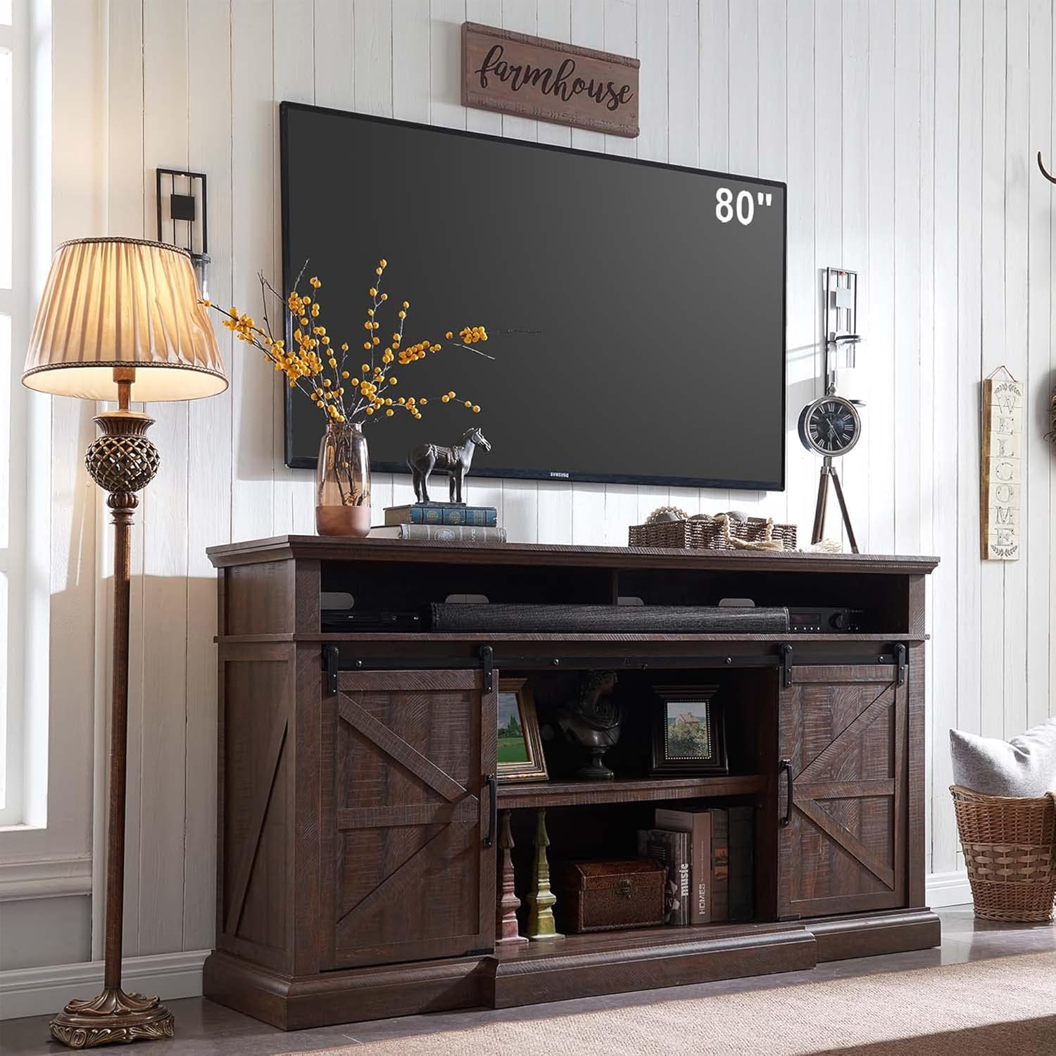Farmhouse TV Stand for 80 Inch TVs, 37.4Tall Entertainment Center w/Storage Cabinets and Sliding Barn Door, Media Console Cabinet w/Soundbar & Adjustable Shelves for Living Room, 70 inch (Brown)