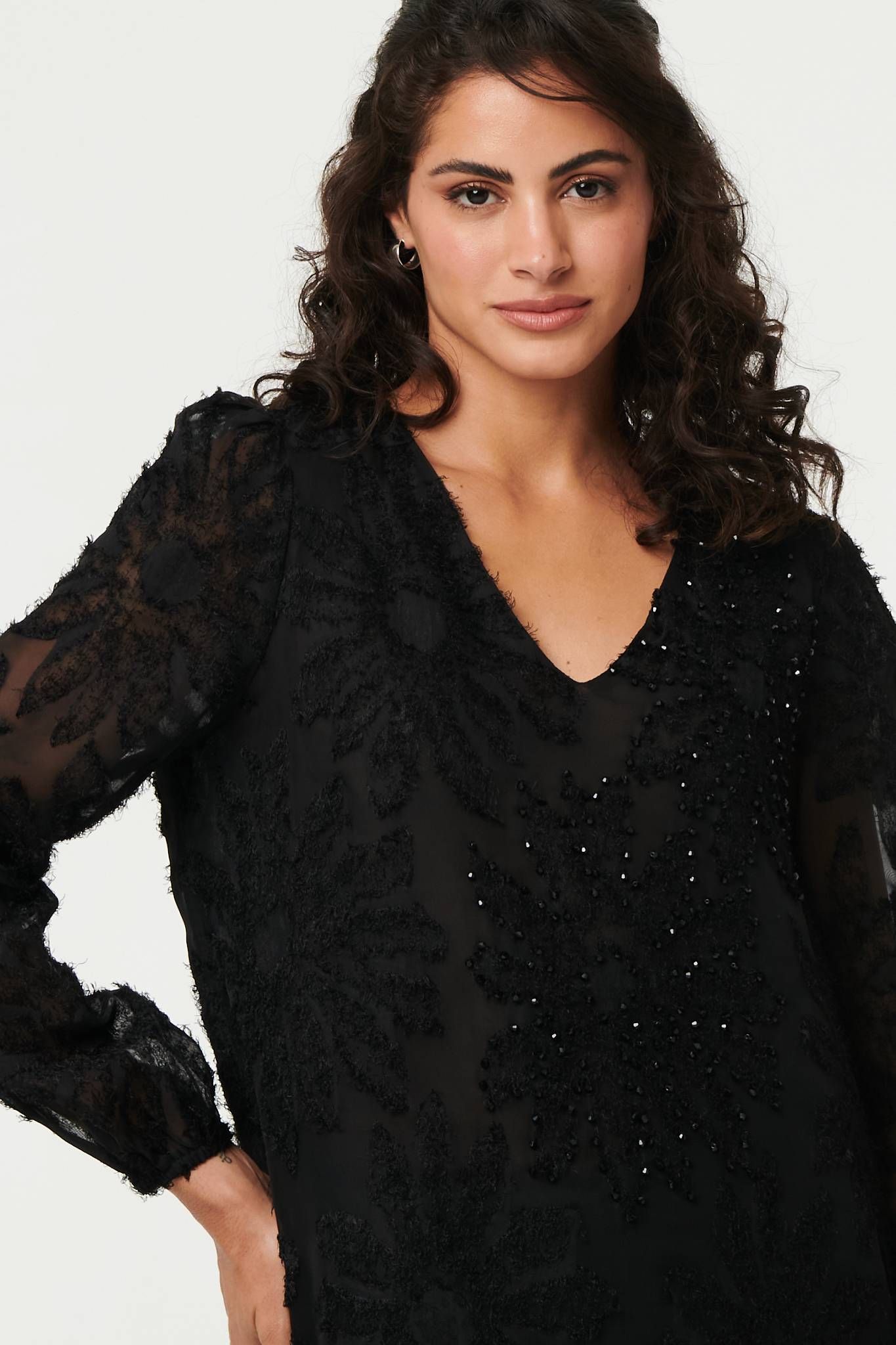 Izabel London Lace Embellished V-Neck Long Sleeve Top