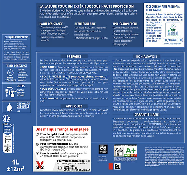 Lasure extérieure Haute Protection V33 incolore satin 125ml