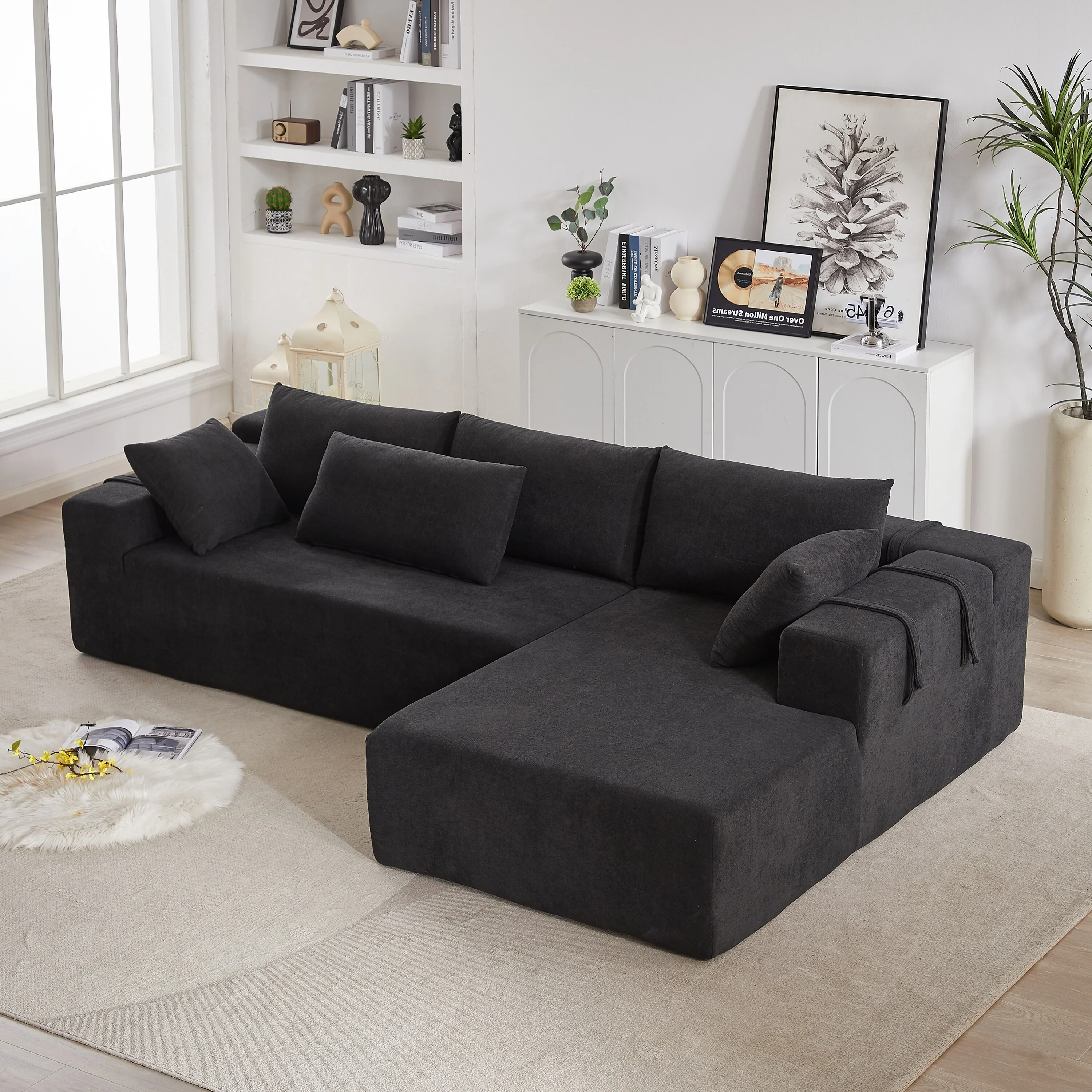 Chenille Upholstered Sectional Daybed Modular Sleeper Couch L Shape Sofa with Chaise Lounge & 6 Pillows for Living Room Loveseat