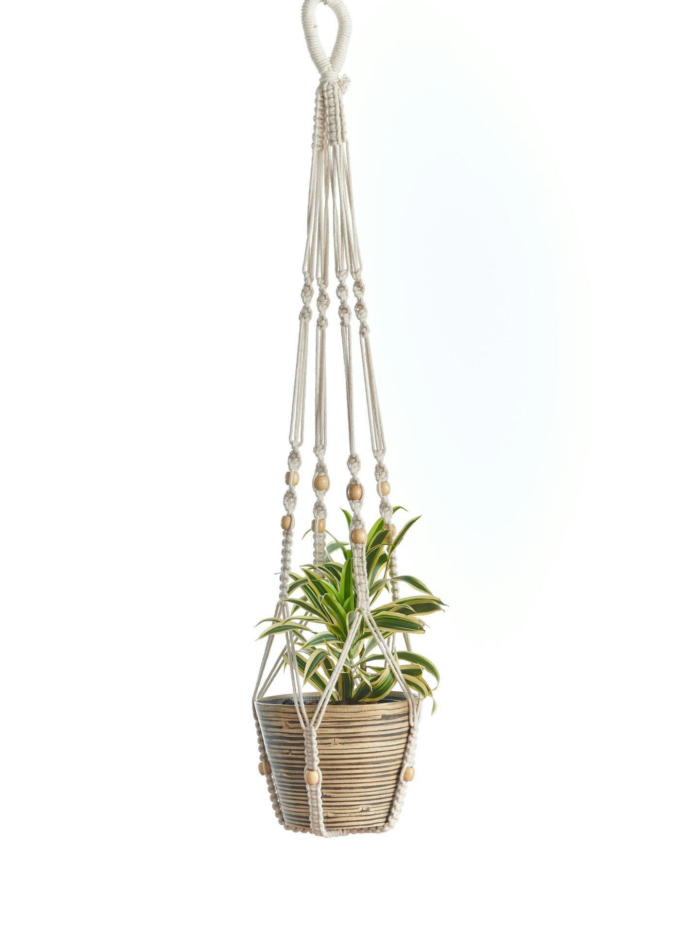 Primitive Planters No Tassel Beaded Cotton Woven Plant Hanger, 42-in, Off White