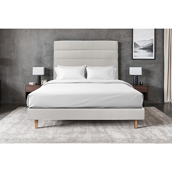 Lit avec tête de lit lignes velours et sommier tapissier- Lit en bois massif