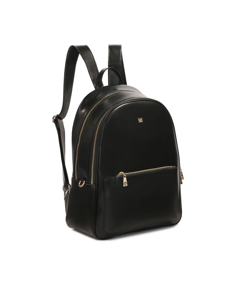 Black leather backpack with front pocket
