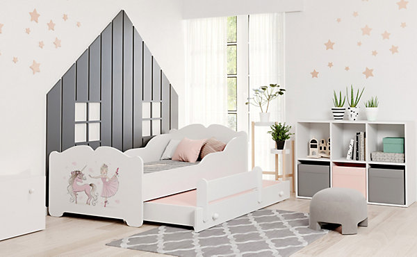 Lit gigogne blanc ARMONA - Princesse et licorne roses - 2 x 160 cm x 80 cm