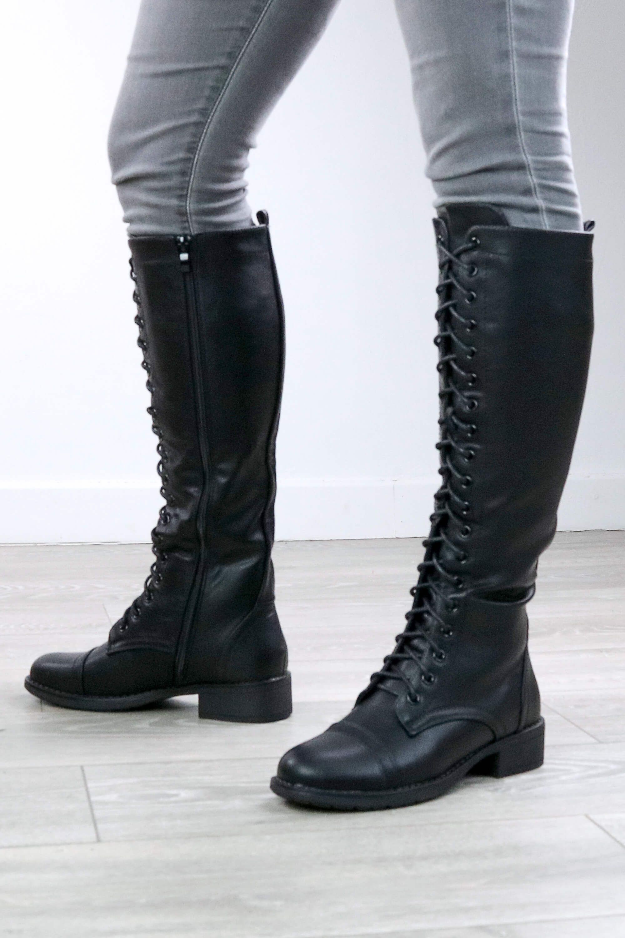 AJVANI Biker Lace Up Military Combat Style Knee High Boots