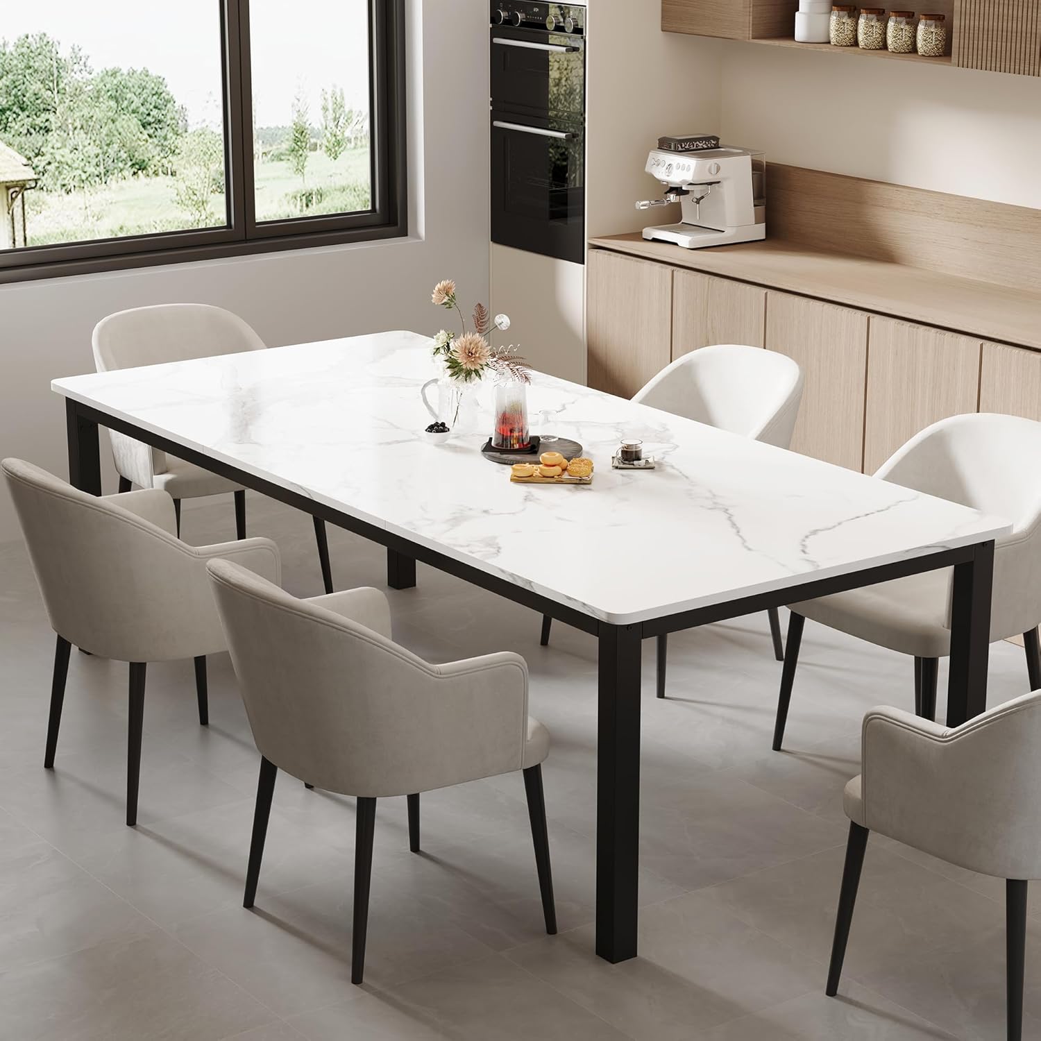 GarveeHome 70.8 in Industrial Dining Table for 6, Wooden Long Dinner Table with Mortise Tenon Design, Kitchen Table with Sturdy Metal Legs, for Dining Room Home Office Living Room, White