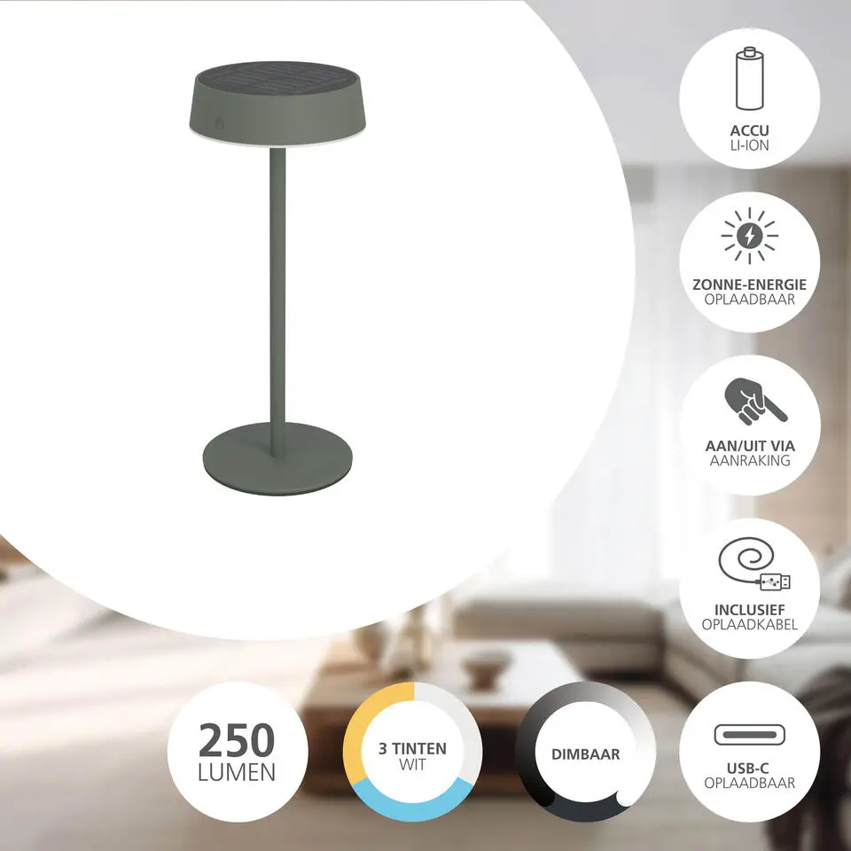 EGLO Simeri Tafellamp Buiten - Solar - 31 cm - Groen - Oplaadbaar