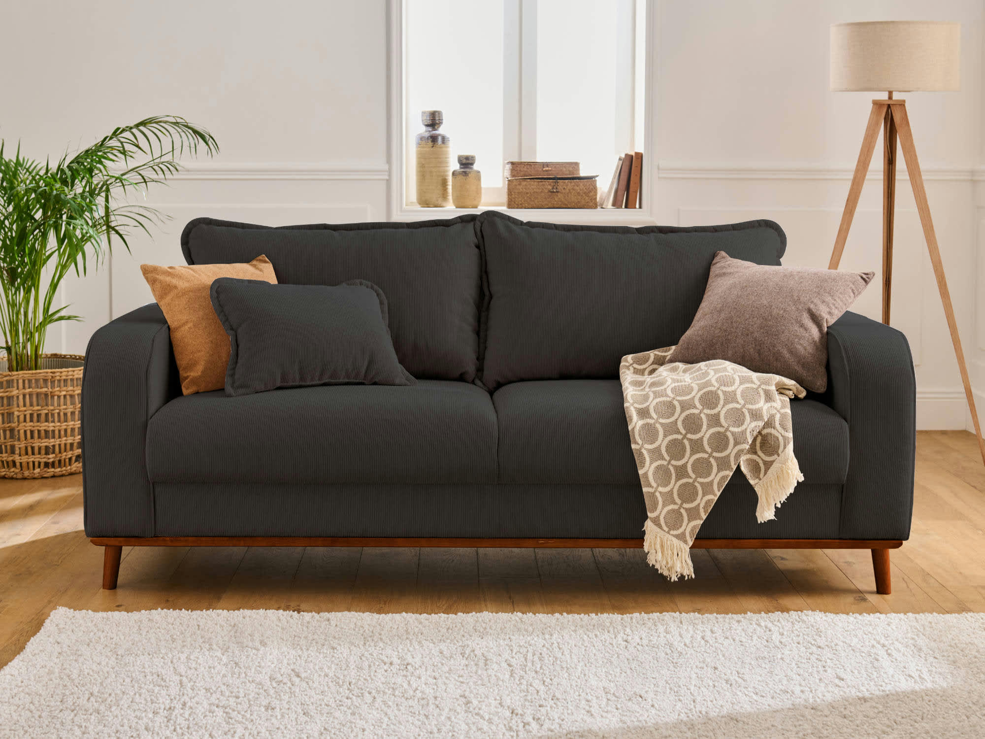 BILLIE - Canapé droit 3 places en velours côtelé gris foncé