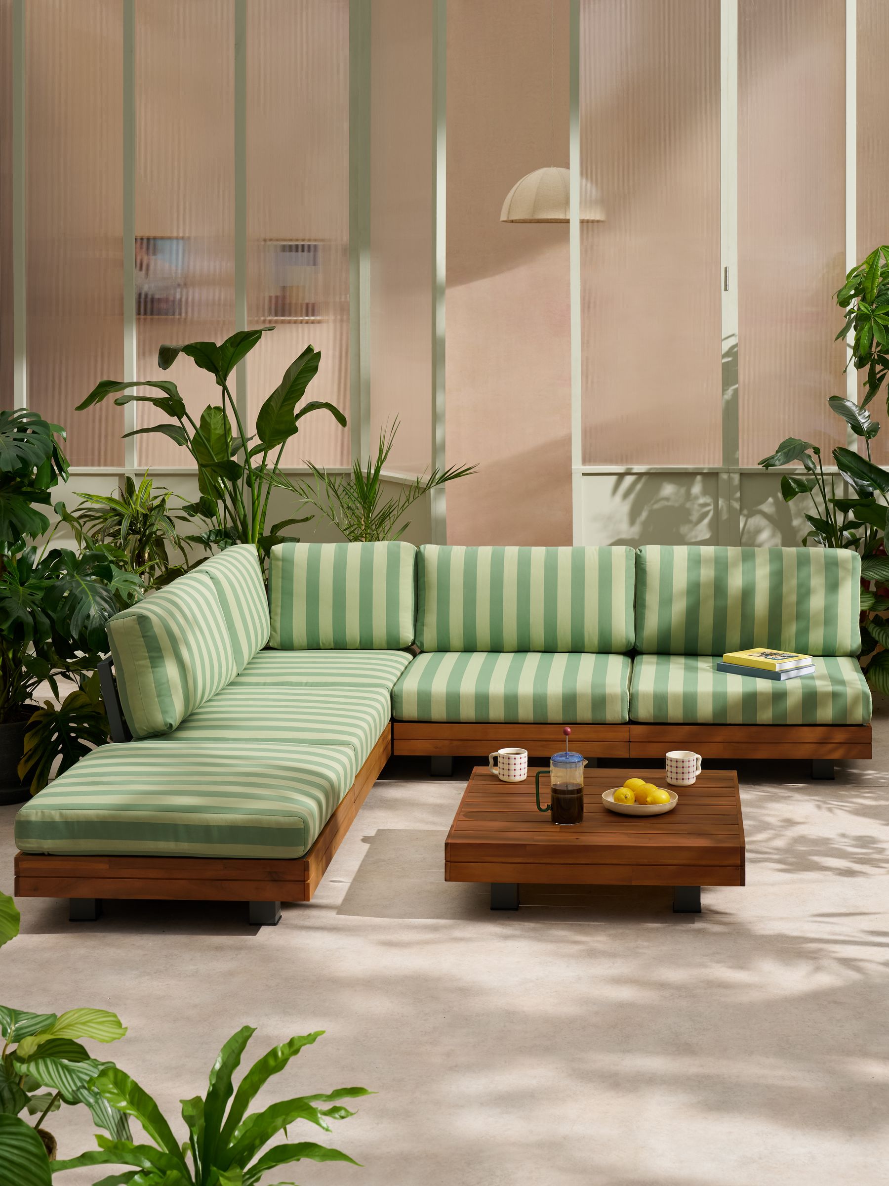 Avarna Garden Wood Corner Lounge Set in Green Stripe