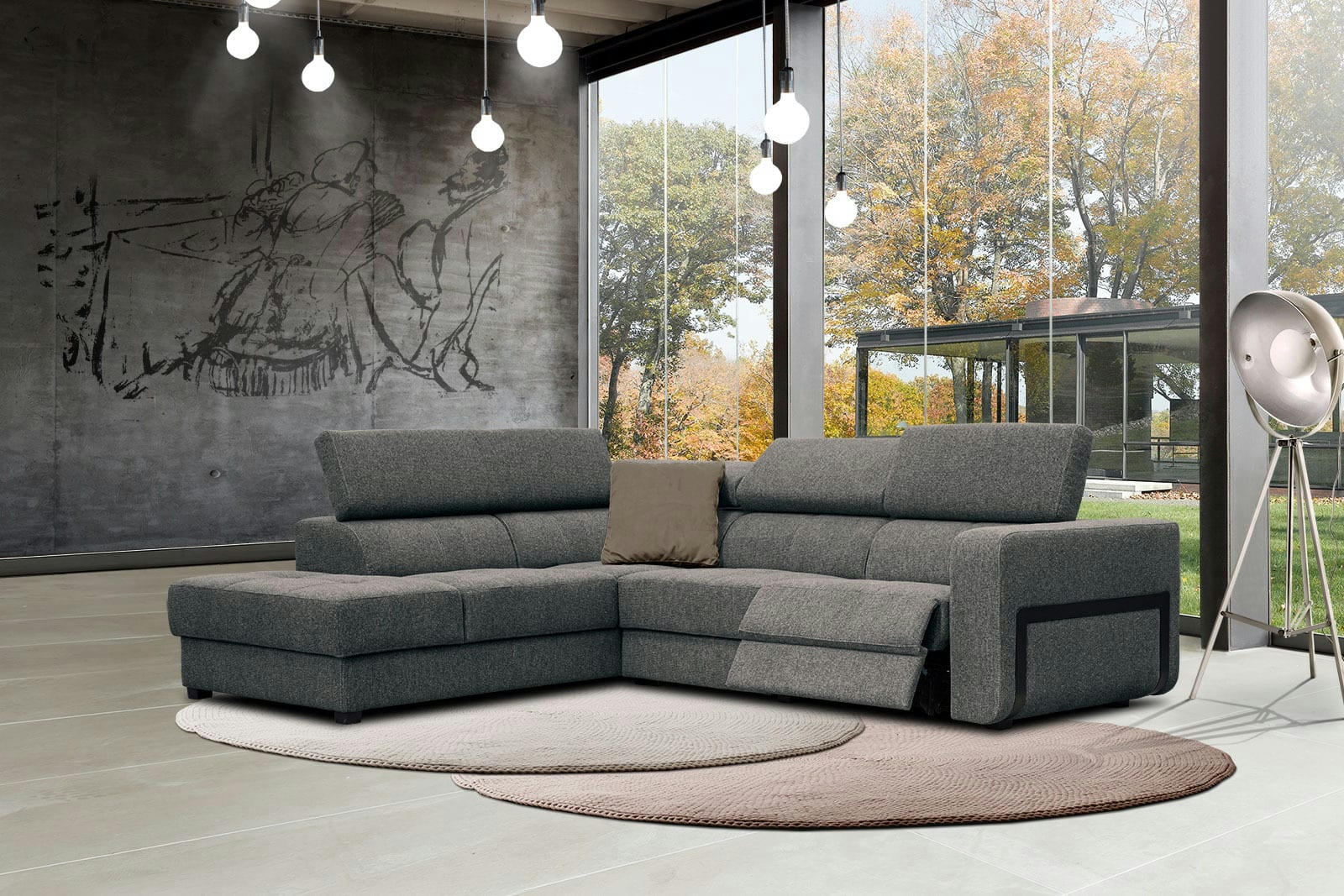 BERGO - Canapé d'angle gauche 5 places avec relax électrique tissu gris foncé