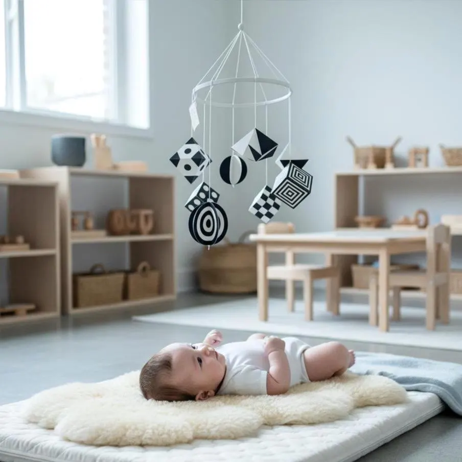 Montessori mobile for newborn. Contrast mobile for newbaby gift. Black white baby mobile for visual development.
