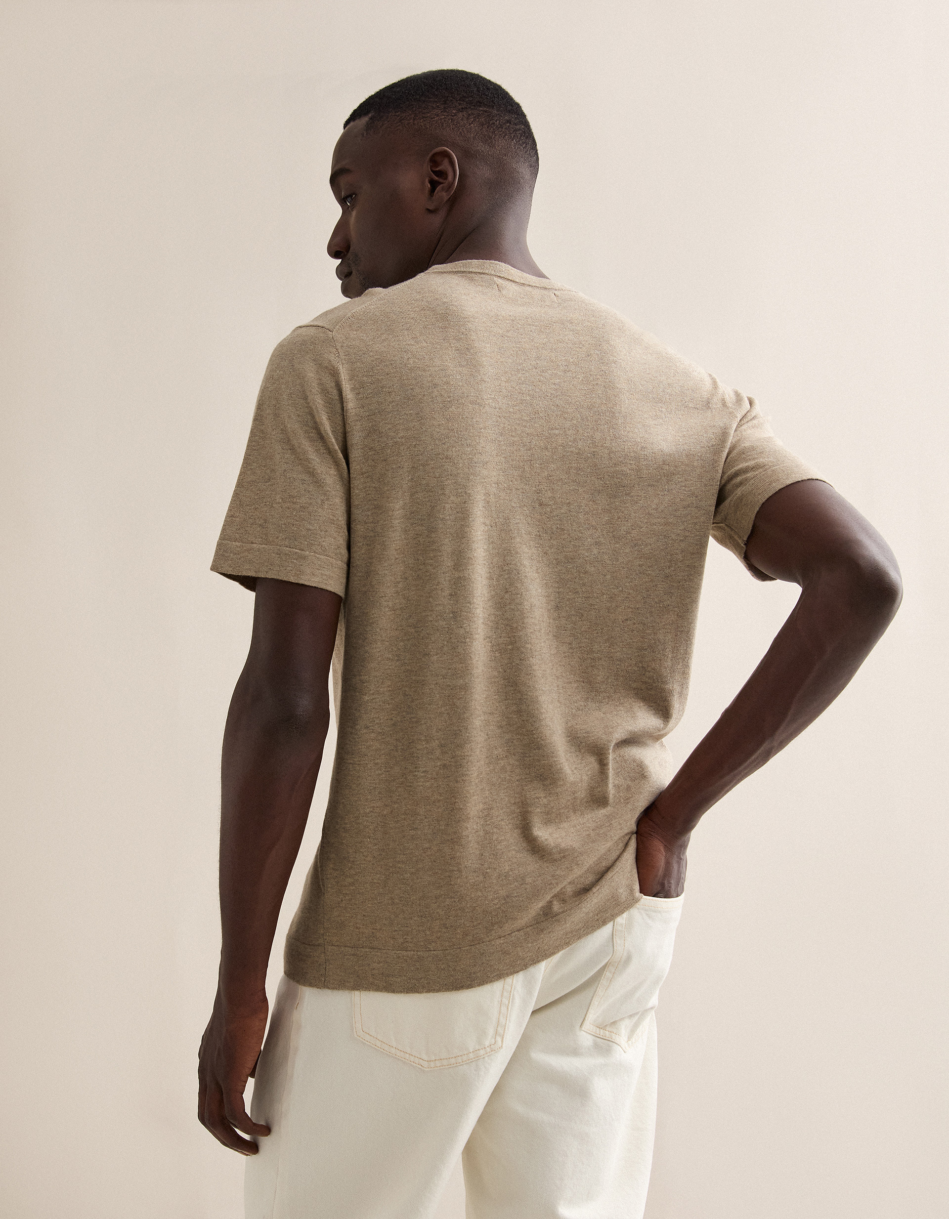 T-shirt de Malha com Caxemira, Homem, Bege Claro