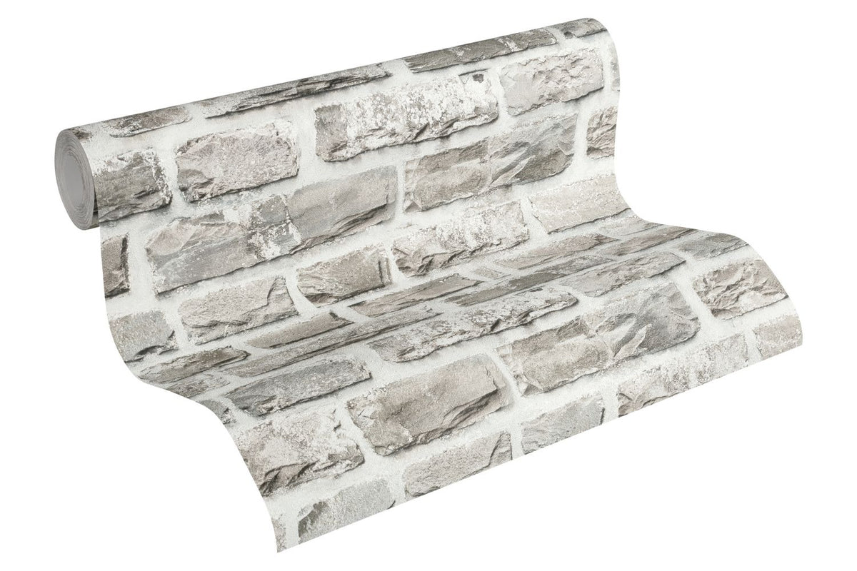 A.S. Création behang stenen muur lichtgrijs en beige - 53 cm x 10.05 m - AS-361402