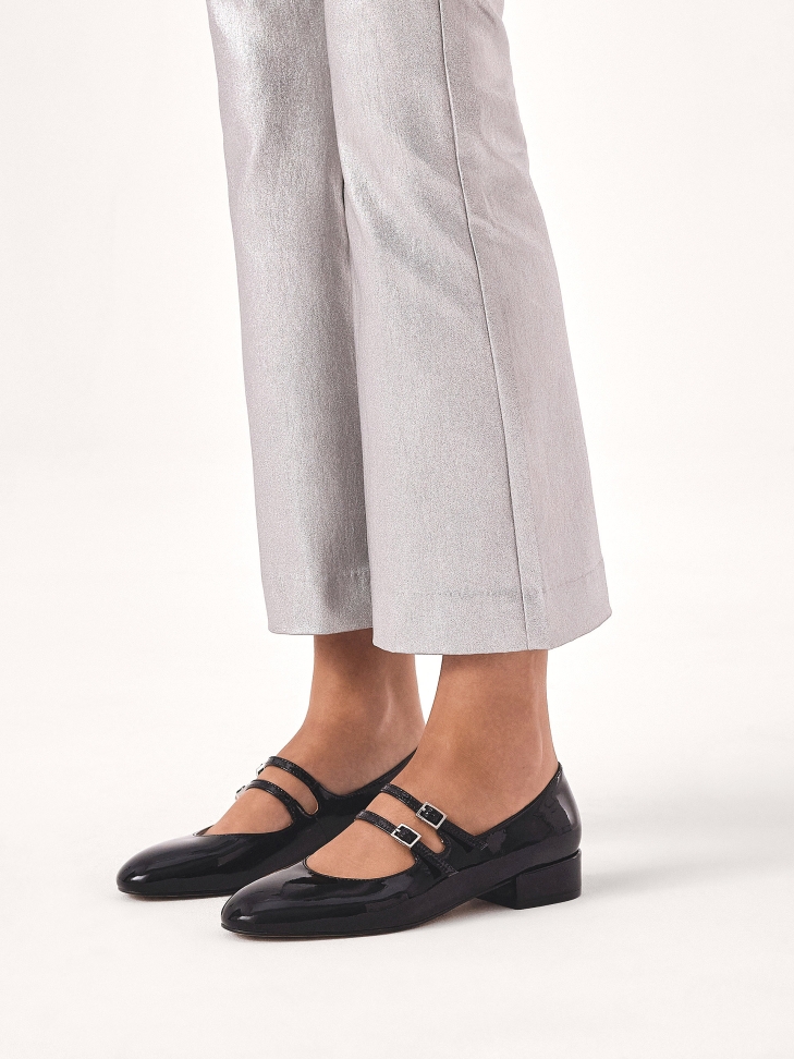 Patent leather black Mary Jane pumps with two straps