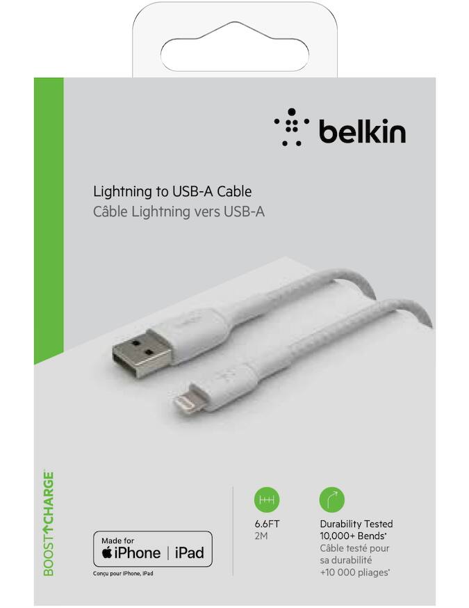 Belkin iPhone USB-A Cable with Lightning Connector, White, 2-meters