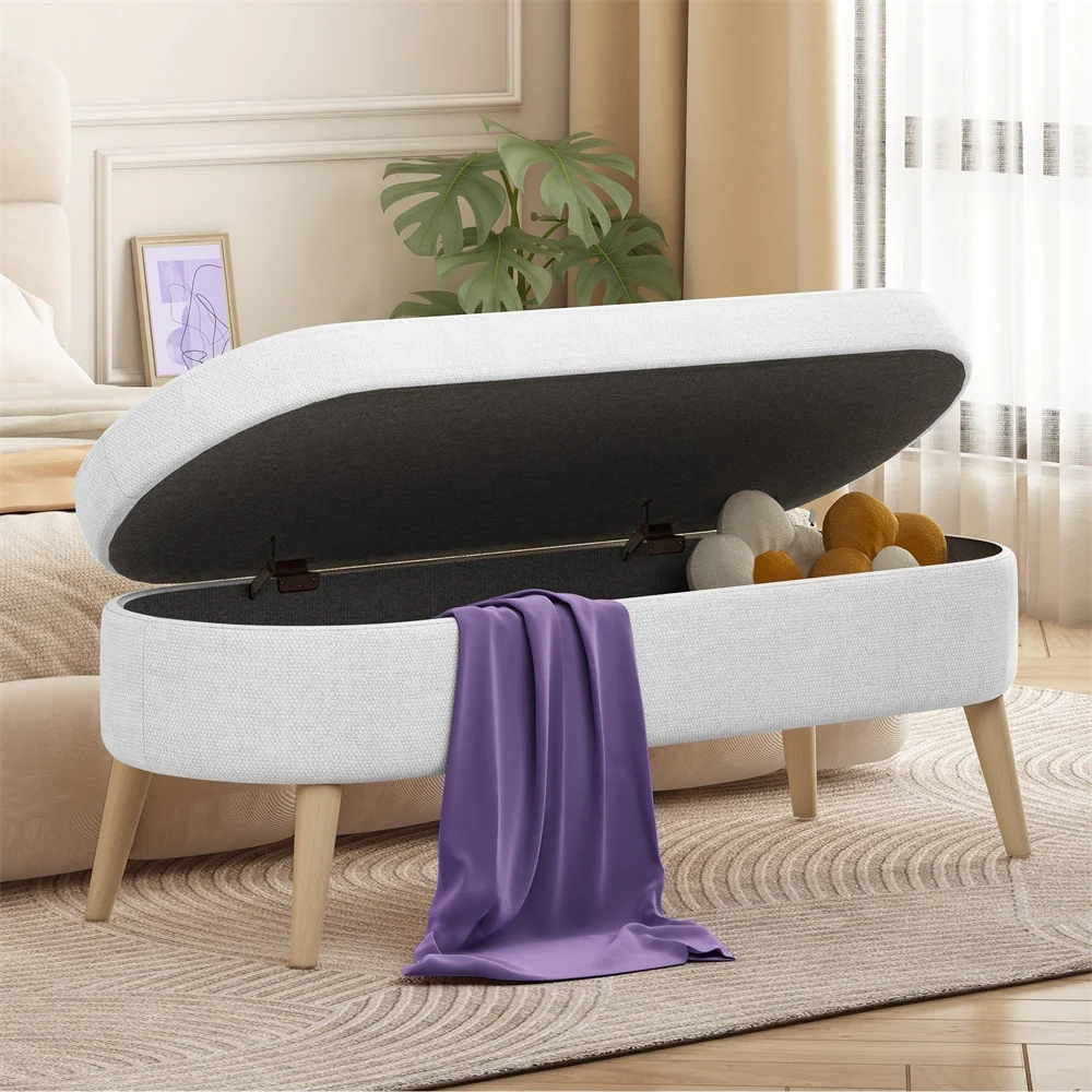 Oval Storage Bench for Living Room/Bedroom/End of Bed/Entryway, 43.5 Linen Fabric Upholstered Entryway Bench